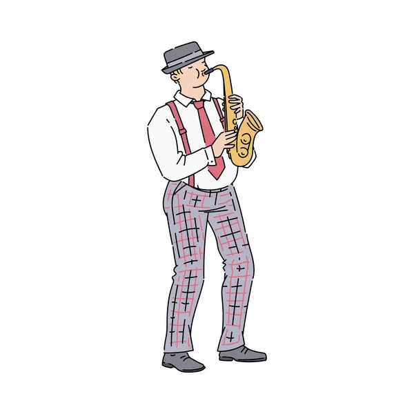 Cartoon man che suona musica jazz con il sassofono - musicista con strumento in ottone — Vettoriale Stock