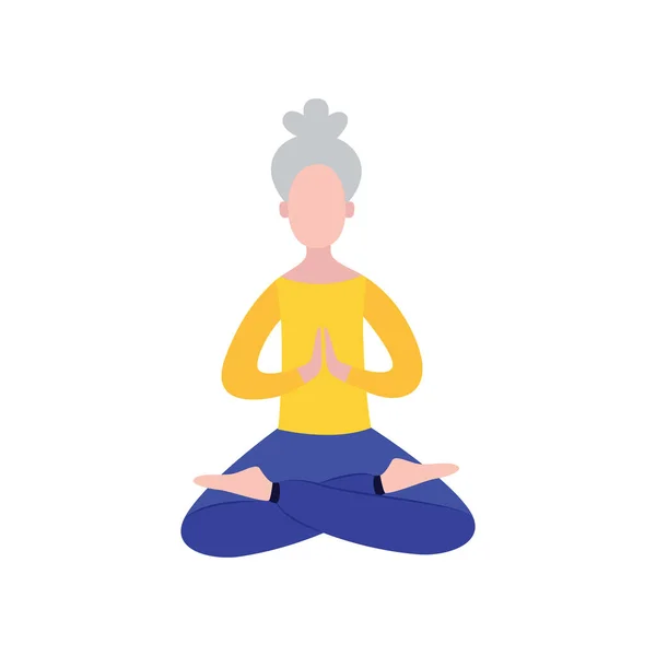 Vieja sentada en posición de meditación de yoga en pose de loto con las manos orantes — Archivo Imágenes Vectoriales