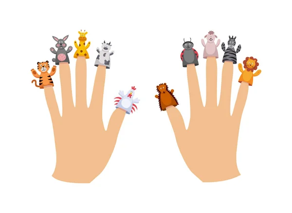 Linda colección de animales títeres dedo de dibujos animados en dos manos — Vector de stock