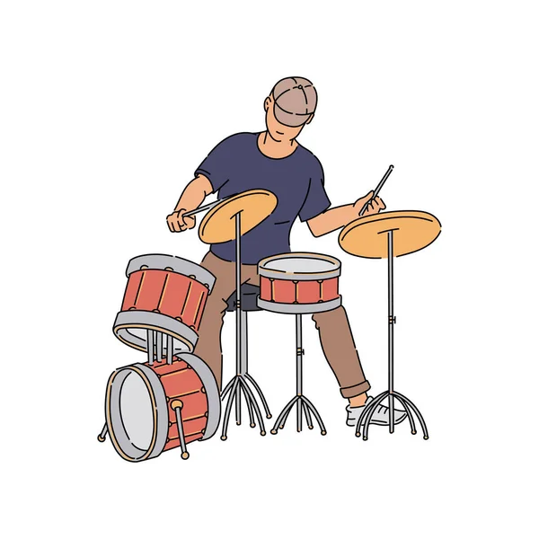 Cartoon drummer zit en speelt muziek op drum kit — Stockvector