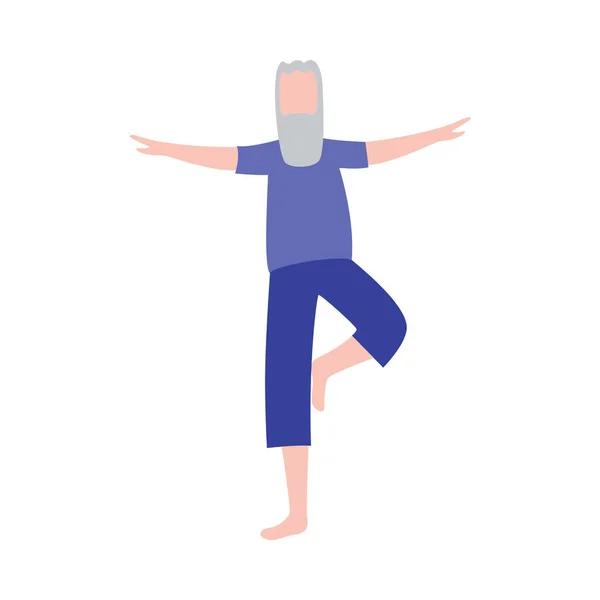 Tecknad gammal man stående i yoga pose tränar sin balans — Stock vektor