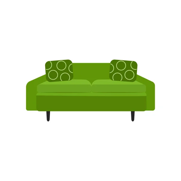 Sofá verde colorido - elemento de mobiliario para el hogar con cojines decorativos estampados — Vector de stock
