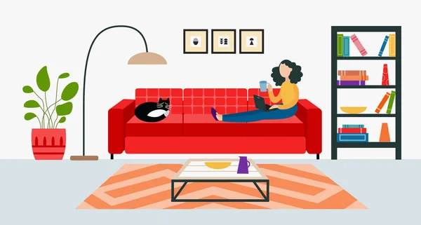 Νεαρό κορίτσι ή γυναίκα χαρακτήρα κινουμένων σχεδίων κάθεται σε καναπέ επίπεδη διανυσματική απεικόνιση απομονωμένη. — Διανυσματικό Αρχείο