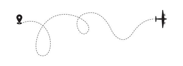 Flugzeug und Flugzeug Spur gestrichelte Linie, schwarzes Symbol Vektor Illustration isoliert. — Stockvektor
