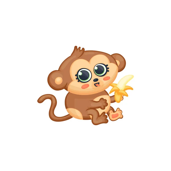 Niedliches Affenbaby isst eine Banane - braunes Zeichentrick-Dschungeltier — Stockvektor