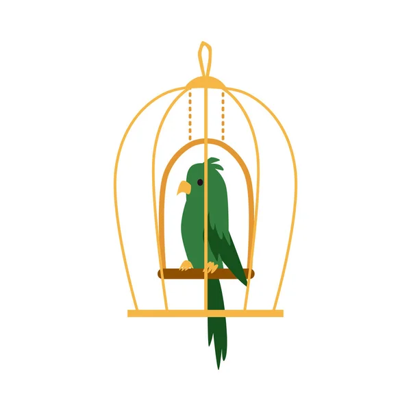 Green exotic parrot bird in cage icon flat cartoon vector illustration isolated. — Stock Vector
