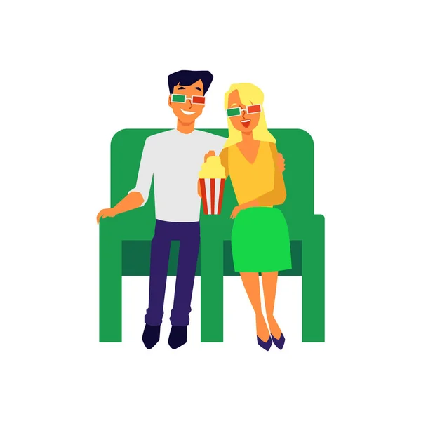 Pareja citas en el cine y ver películas, vector plano ilustración aislado . — Archivo Imágenes Vectoriales