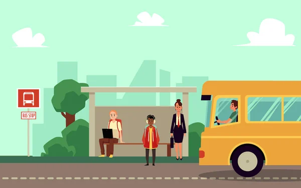 Teacher and pupils characters wait school bus at stop, flat vector illustration. — 图库矢量图片