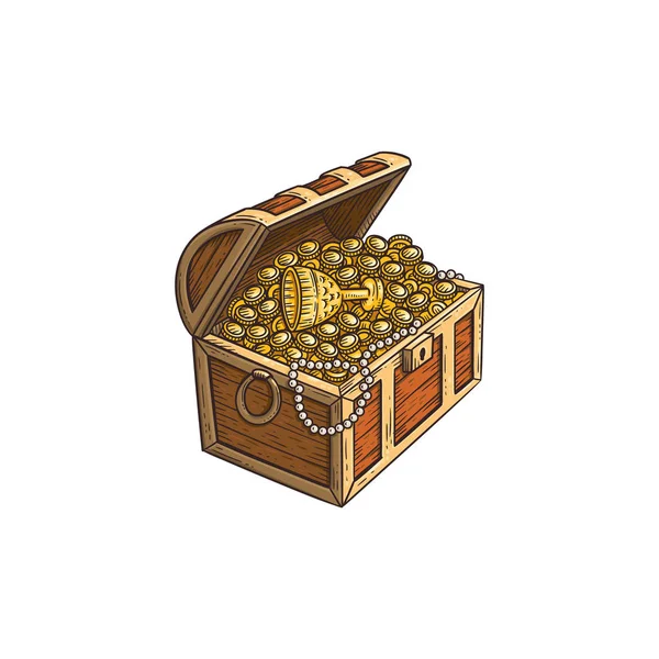 Wooden treasure chest with gold coins cartoon sketch vector illustration isolated. — Stock Vector