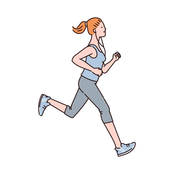 Mujer corriendo personaje de dibujos animados maratón, ilustración de boceto vectorial aislado . — Vector de stock