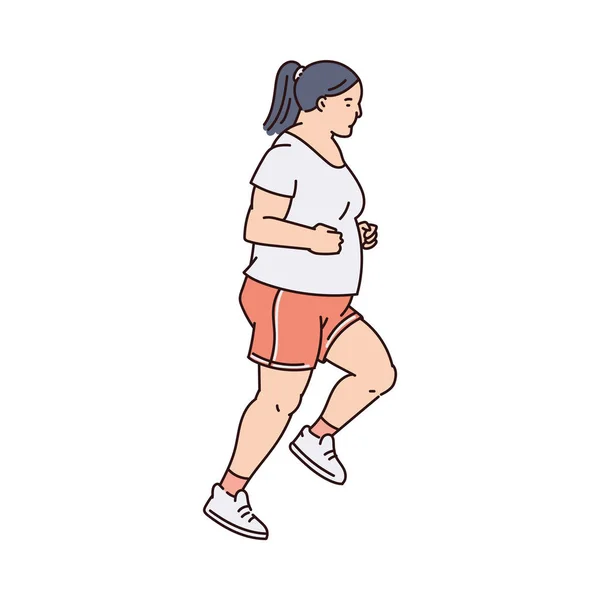 Marathon loper overgewicht vrouwelijk karakter, vector schets illustratie geïsoleerd. — Stockvector