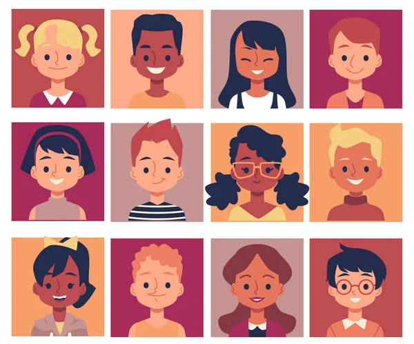 Happy cartoon kinderen geïsoleerd portret set - glimlachende jongens en meisjes — Stockvector