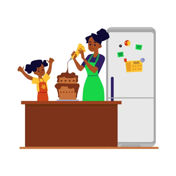 Figlia aiuta la madre in cucina con cucina piatta illustrazione vettoriale isolato . — Vettoriale Stock