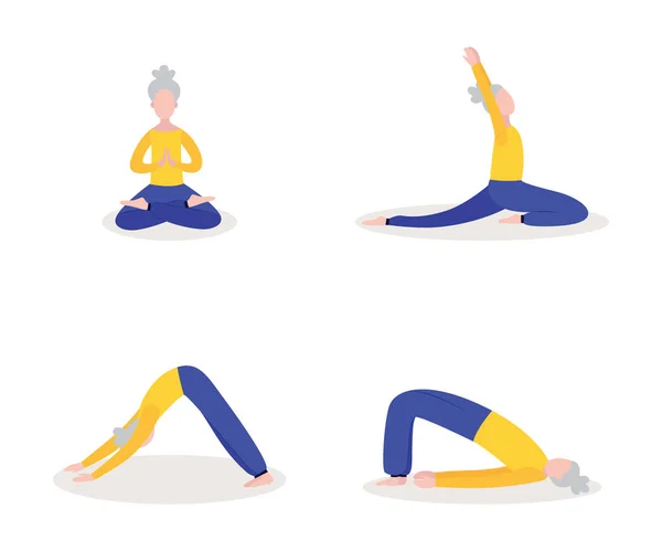 Cartoon old woman doing yoga - isolated flat set of senior lady stretching — Stock vektor