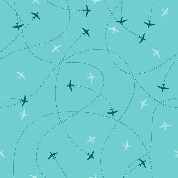 Ruta de la línea del avión - patrón sin costuras sobre fondo azul cielo . — Vector de stock