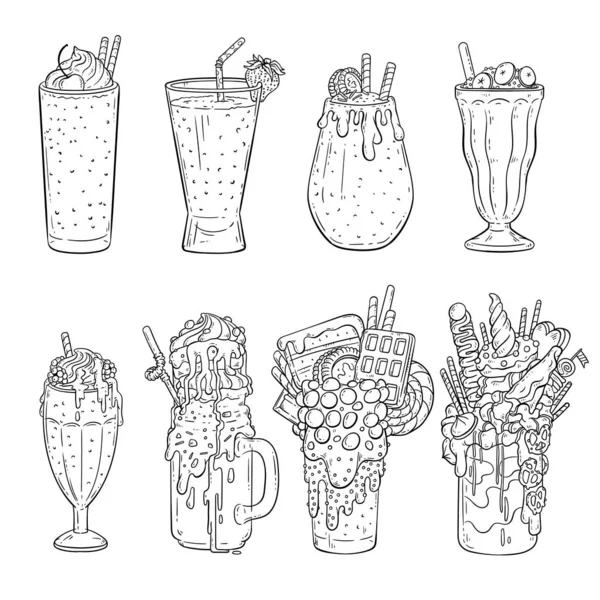 Milkshakes and cocktails set of sketch outline vector illustrations isolated. — Stock Vector