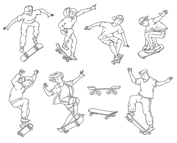 Adolescentes haciendo trucos de skate - conjunto de dibujo de línea de arte en blanco y negro . — Vector de stock