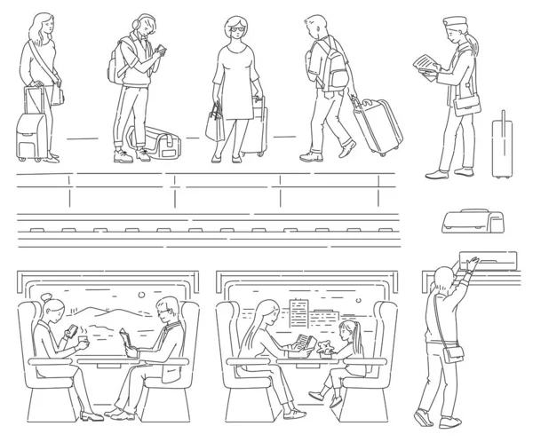 Public transportation set - cartoon people waiting for train and sitting inside — Stock vektor