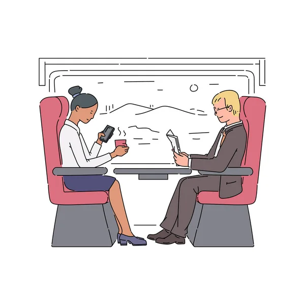 Άτομα που ταξιδεύουν σε σιδηροδρομικές μεταφορές, διανυσματική απεικόνιση σκίτσο απομονωμένη. — Διανυσματικό Αρχείο