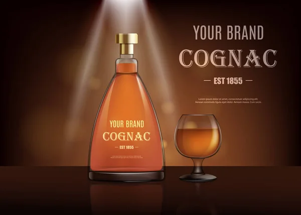 Bouteille de cognac réaliste et verre à l'honneur — Image vectorielle