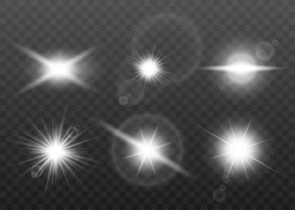 Realistic white sun beam lens flare effect set isolated on dark background — Stockvector