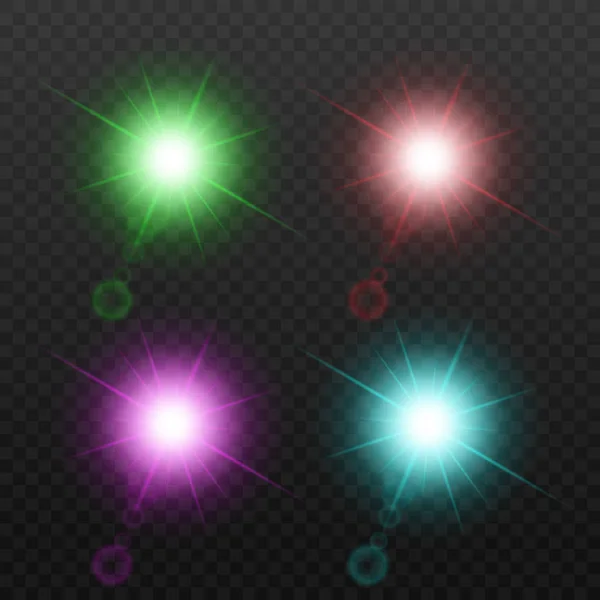 Étoile colorée lumière et éclat ensemble isolé sur fond sombre — Image vectorielle