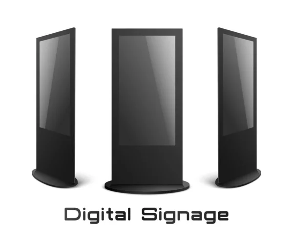 Señalización digital - conjunto de maquetas de quiosco interactivo negro con pantallas en blanco aisladas sobre fondo blanco — Vector de stock