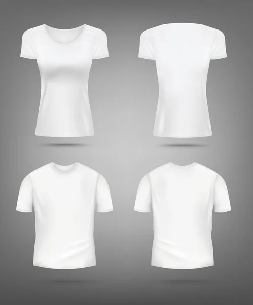 Γυναικεία και ανδρικά λευκά T-shirt mockup set - ρεαλιστικές μακέτες ρούχων — Διανυσματικό Αρχείο