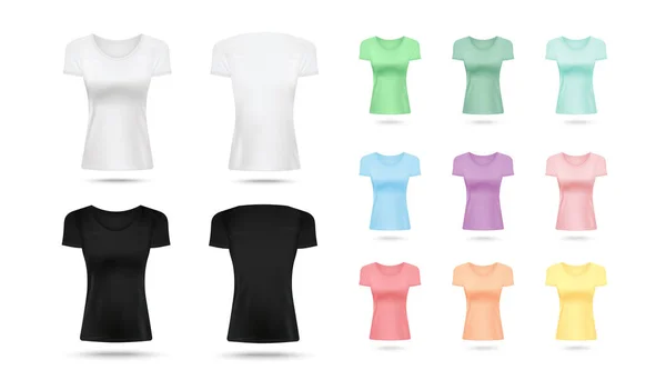 Realistische dames T-shirt mockup in zwart, wit en kleurrijk pastelpalet — Stockvector