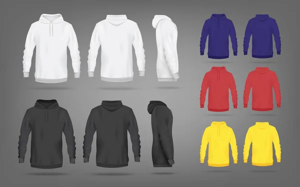 Set of sweatshirts or hoodies in views realistic vector illustration isolated. — Stock Vector