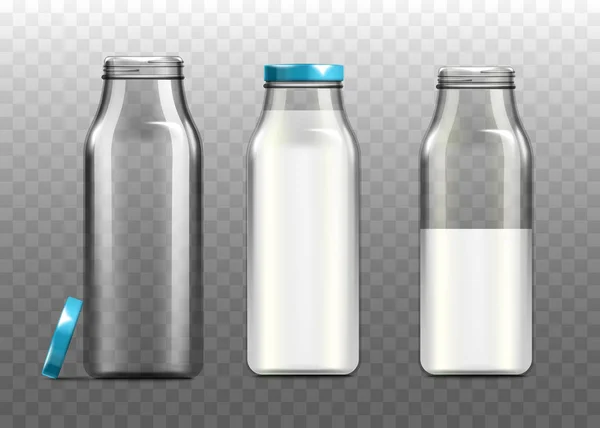 Leche de vidrio botellas sin etiquetar conjunto realista vector ilustración maqueta aislado . — Archivo Imágenes Vectoriales