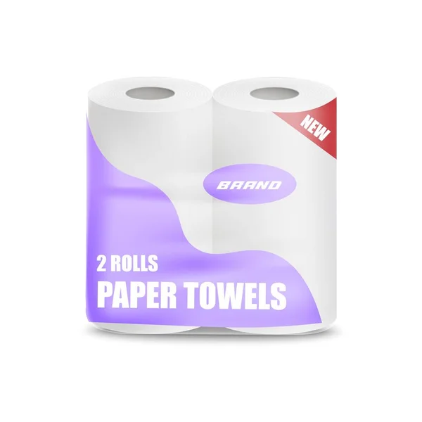 Los rollos de toallas de papel higiénico o de cocina empaquetan ilustración realista de la maqueta del vector aislada . — Vector de stock