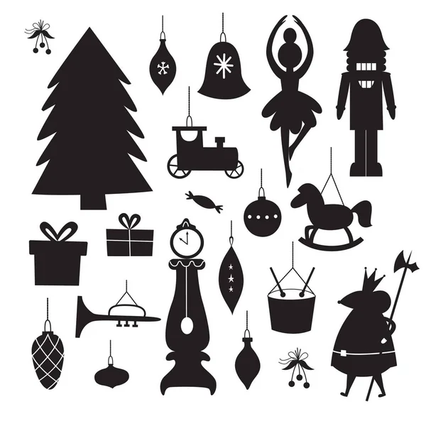 Vintage weihnachtsdekoration und ornament schwarze silhouette set — Stockvektor