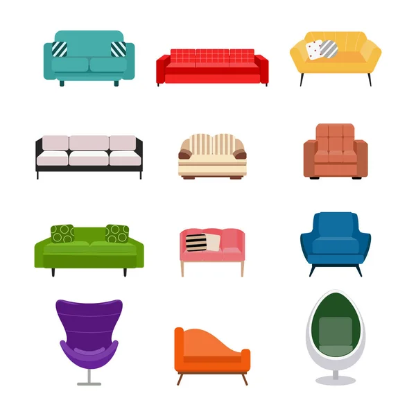 Colorful cartoon sofa, couch and armchair set isolated on white background — Stock vektor