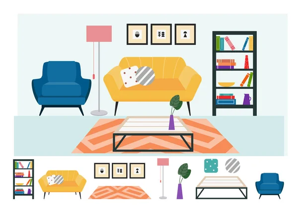 Mobiliário da sala de estar e conjunto de decoração de ilustração vetorial plana isolado . —  Vetores de Stock