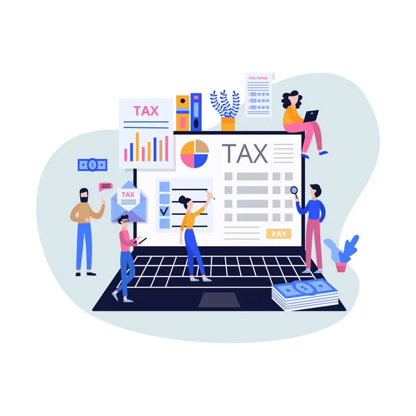 Online έκθεση πληρωμής φόρου με χαρακτήρες επίπεδη διανυσματική απεικόνιση απομονωμένη. — Διανυσματικό Αρχείο