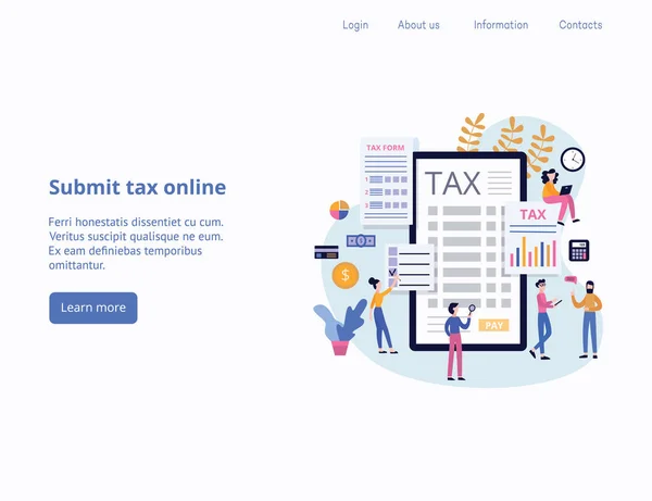 Tax submit online payments page with people characters, flat vector illustration. — Stock vektor