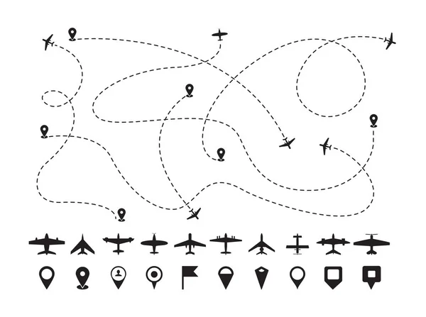 Airplane path line and icon set - black silhouette collection of destination symbols — 스톡 벡터