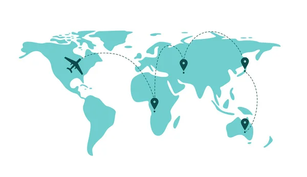 Silhueta mapa do mundo com aviões voadores e trilhas ilustração vetorial isolado . —  Vetores de Stock