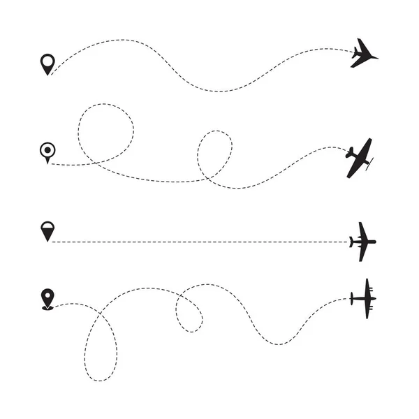 Icono de avión ruta de vuelo con diferentes rutas onduladas o rectas — Vector de stock