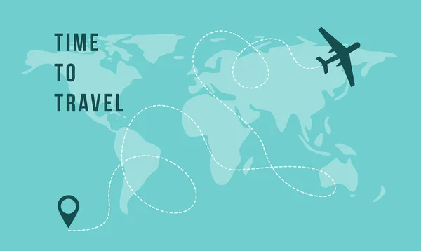 Time to Travel banner with airplane on world map background vector illustration. — 스톡 벡터
