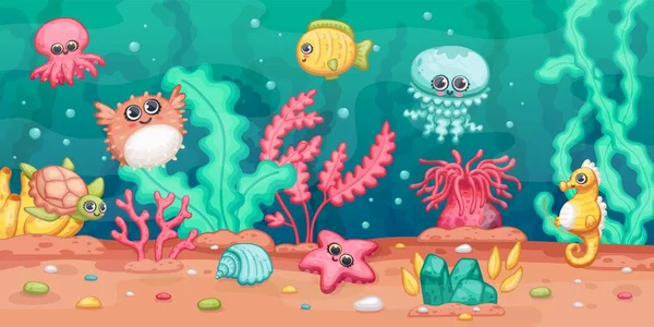Cena subaquática com animais marinhos e plantas, desenho animado ilustração vetor kawai  . — Vetor de Stock