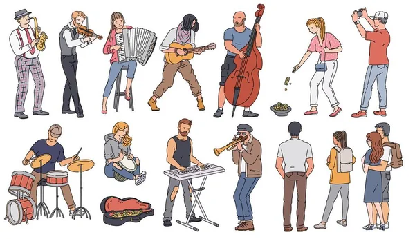 Personajes de músico callejero juegan conjunto de música de ilustración vectorial boceto aislado . — Archivo Imágenes Vectoriales