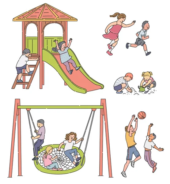 Cartoon-Kinder auf dem Spielplatz - isolierte Gruppe von Jungen und Mädchen beim Spielen — Stockvektor