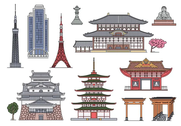 Conjunto de edificios históricos japoneses antiguos y modernos - colección de arquitectura japonesa exótica . — Archivo Imágenes Vectoriales