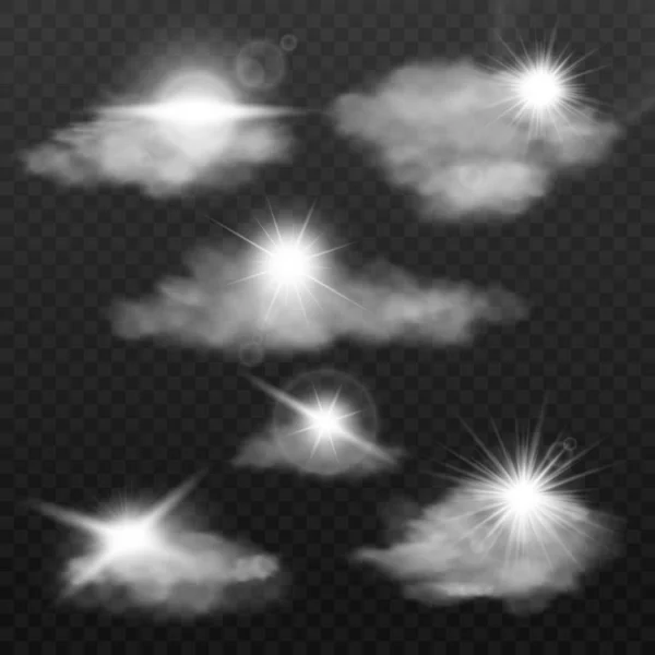 Rayons solaires à travers les nuages ensemble d'illustrations vectorielles réalistes isolés . — Image vectorielle