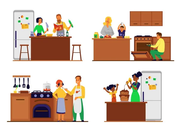 Set van familie in de keuken met mensen koken platte vector illustraties geïsoleerd. — Stockvector