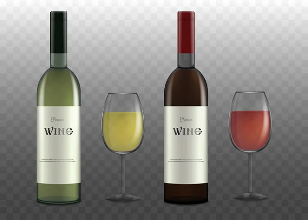 Conjunto de botellas de vino y vasos ilustración vectorial realista maqueta aislado . — Vector de stock