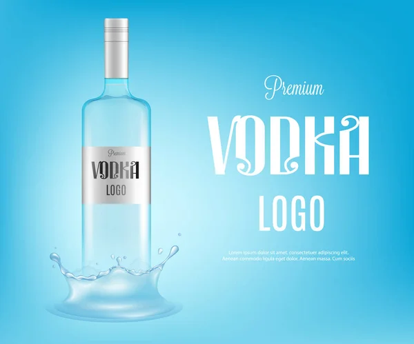 Botella de vodka sobre fondo azul en plantilla de banner ilustración vectorial realista . — Vector de stock