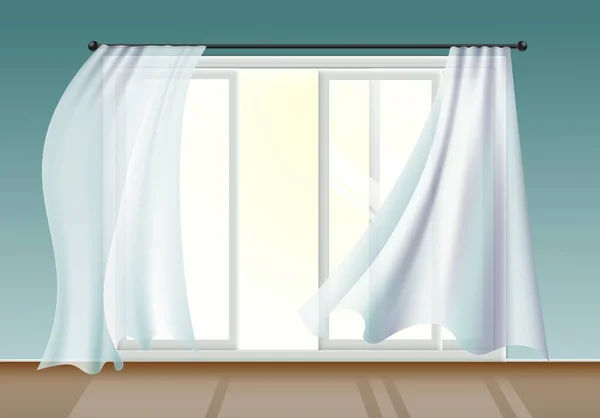 Ventana con cortinas blancas ondeando por el viento, ilustración vectorial realista en el interior . — Vector de stock